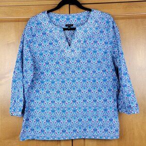 Talbots Blue Aqua Pink White Paisley Floral 3/4 Sleeve Cotton Tunic Top - L